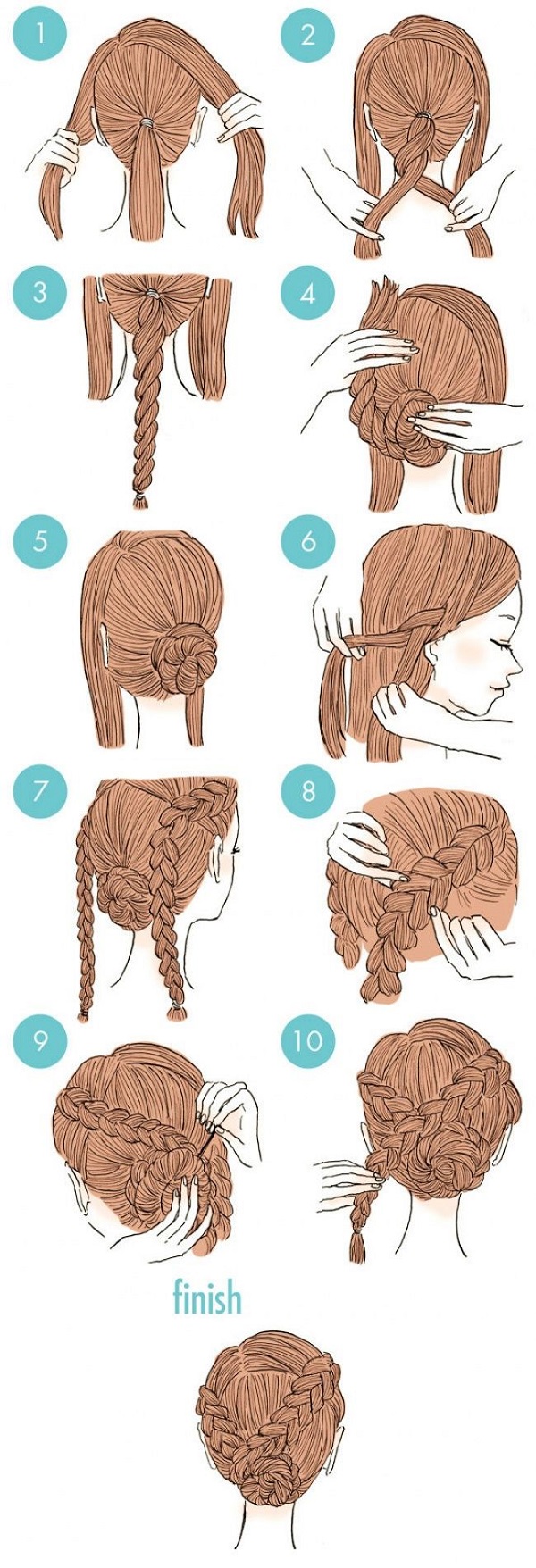 Bước 1: Bạn chừa hai phần tóc ở hai bên để thắt bím và buộc phần còn lại lại. Bước 2: Với phần bạn vừa cố định, chia làm hai phần và xoắn lại với nhau cho đến đuôi tóc, sau đó bạn dùng dây thun buộc chặt rồi búi lại thành cuộn tròn. Nếu búi tóc không đủ chắc, bạn có thể sẽ cần đến sự trợ giúp của kẹp tăm. Bước 3: Với hai phần tóc hai bên, bạn thực hiện giống nhau: lấy một lọn tóc nhỏ để tết, mỗi lần tết lại lấy thêm một ít tóc. Sau khi tết đến đuôi tóc thì bạn cũng dùng dây thun buộc lại. Bước 4: Lấy hai bím tóc bạn vừa tết xong quấn quanh búi tóc. Lưu ý là bạn nên đặt bím tóc bên phải sang bên trái và ngược lại. Nếu trước đó bạn có dùng kẹp tăm thì hai bím tóc này sẽ giúp bạn che lại, tuy nhiên sau khi quấn quanh búi tóc thì bạn cũng cần kẹp tăm để cố định nên hãy lưu ý giấu kẹp tăm dưới tóc nhé.