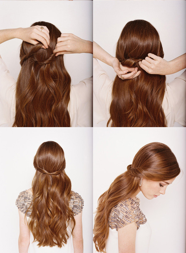 Bước 1: Bạn có thể uốn cho tóc xoăn nhẹ rồi chải mượt tóc. Bước 2: Lấy một lọn tóc bên phải, xoắn tròn và dùng kẹp tăm cố định lại ở khoảng giữa phía sau đầu. Bước 3: Các nàng lấy một lọn tóc bên trái và xoắn tròn rồi luồn xuống dưới lọn tóc bên phải. Cuối cùng, các nàng hãy cố định bằng kẹp tăm.