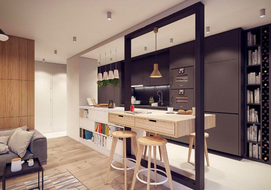 Thiết kế mẫu tủ bếp gỗ có quầy bar hiện đại ngăn bếp và phòng khách với thiết kế thông minh, tận dụng không gian tiết kiệm diện tích.