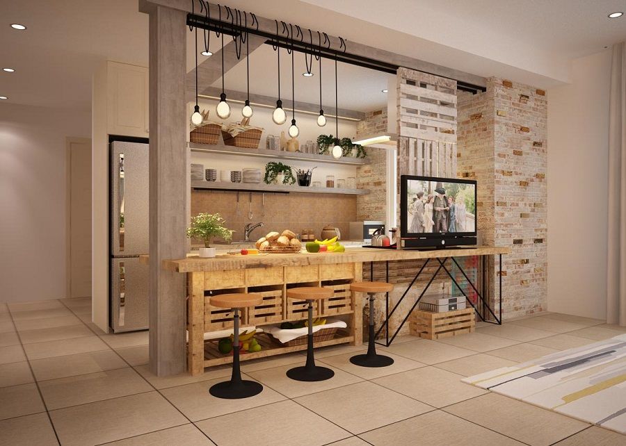 Tủ bếp có quầy bar bằng gỗ hiện đại, thiết kế đơn giản độc đáo, chi phí thấp
