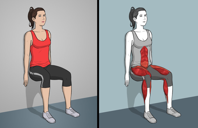 Dựa lưng vào tường, hai tay duỗi thẳng, úp sát tường, giữ thân trong tư thế đang ngồi trên ghế với bắp chân và cẳng chân tạo thành góc vuông. Giữ trong 5 - 15 giây tùy khả năng. 
