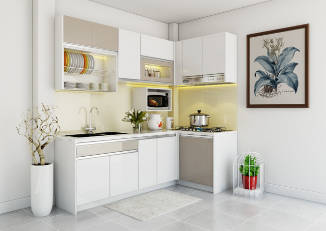Thiết kế bếp nhỏ gọn màu trắng đơn giản mà đầy đủ các khu công năng.