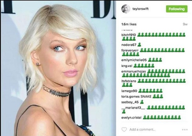 Năm 2016, Taylor Swift từng bị khủng bố trên mạng xã hội bằng biểu tượng "rắn độc".