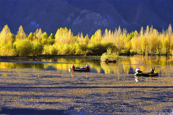 Hồ Kim Sắc rộng 2,5 km2. Diện tích không lớn nhưng cảnh quan nơi đây khiến du khách ngẩn ngơ. Mùa thu ở Tây Tạng bắt đầu khá sớm. Khoảng tháng 9, nhiều rặng cây ven hồ đã ương ương, chuyển màu.