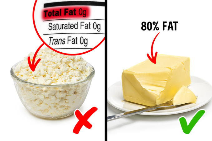 Thực phẩm không chứa chất béo  Các thực phẩm không chứa chất béo từng được coi là thực phẩm hỗ trợ giảm cân hàng đầu. Tuy nhiên, chuyên gia dinh dưỡng đã chỉ ra rằng, nhiều nhà sản xuất dùng đường tinh luyện để giữ hương vị cho thực phẩm. Vì vậy, chúng có thể là những 'quả bom đường' nếu bạn tiêu thụ quá nhiều. Tốt nhất, bạn nên ăn các thực phẩm có chứa chất béo lành mạnh như phô mai, sữa chua Hy Lạp...