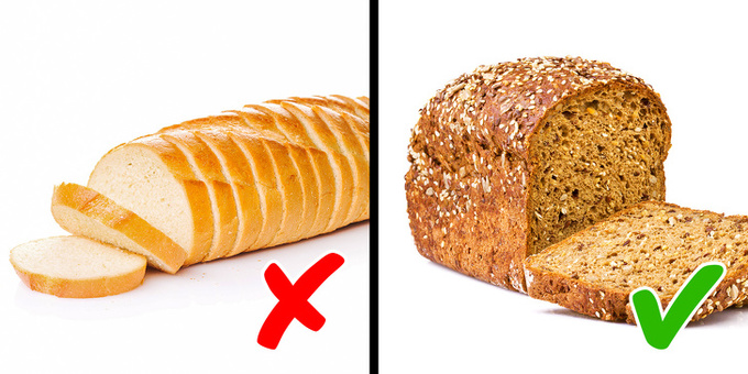 Bánh mì trắng  Bánh mì trắng được làm từ ngũ cốc tinh chế thiếu chất dinh dưỡng và chất xơ lành mạnh. Trong khi đó chất xơ góp phần duy trì cân nặng, ổn định huyết áp và giảm nguy cơ mắc bệnh tiểu đường, tim mạch. Thay vì ăn bánh mì trắng, bạn hãy chọn bánh mì ngũ cốc nguyên hạt.