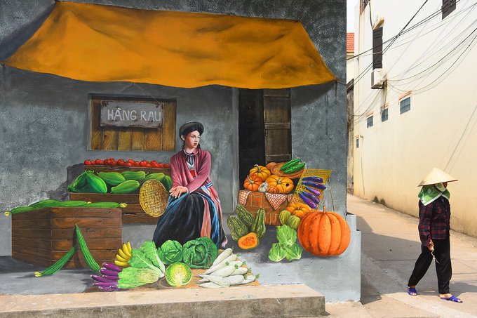 Bức tranh gợi lại một hàng rau truyền thống của thôn Chử Xá.