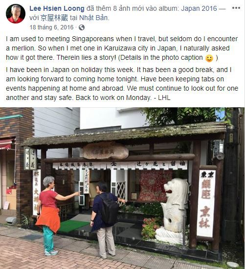 Thủ tướng Singapore Lý Hiển Long chia sẻ khoảnh khắc bắt gặp tượng Merlion ở Nhật Bản - Ảnh: Facebook