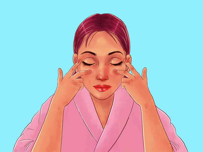 Dùng hai ngón trỏ và giữa massage nhẹ nhàng vùng da dưới mắt theo chiều từ trong ra ngoài.