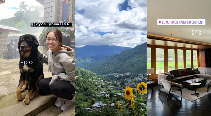 Trước đám cưới 5 tuần, đôi vợ chồng trẻ cùng gia đình của Joyce Phạm đến Bhutan - nơi được mệnh danh là quốc gia hạnh phúc nhất thế giới. Du khách đến với đất nước này đều phải mua tour mà không thể đi du lịch tự túc. Nhưng khác với những tour thông thường, gia đình đại gia siêu xe đã chọn nghỉ tại khách sạn đẳng cấp nhất nhì ở Bhutan, với view đẹp nhìn xuống thảo nguyên xanh bạt ngàn.