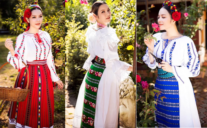 Lỹ Nhã Kỳ thường xuyên kết hợp công việc, du lịch và chụp các bộ ảnh thời trang tại mỗi nơi cô đến. Trong ảnh, người đẹp mặc trang phục họa tiết truyền thống của Rumania dạo chơi, ngắm cảnh thiên nhiên khi công tác tại đây.