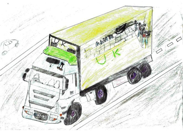 Ahmad (10 tuổi) vẽ bức tranh về chiếc xe tải đông lạnh mà cậu bé cùng anh trai Jawad Amiri ở trong đó khi tìm đường sang Anh - Ảnh: AHMAD AMIRI