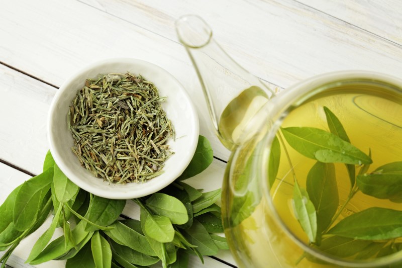 healthy green tea cup with tea leaves