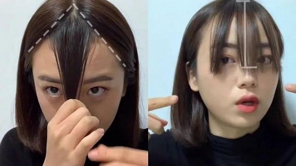 Khi cắt, trước tiên hãy tạo vùng tam giác, phần góc kéo cao lên phía đỉnh đầu. Đây là kiểu tóc mái bạn có thể lựa chọn nếu sở hữu phần trán bị ngắn.
