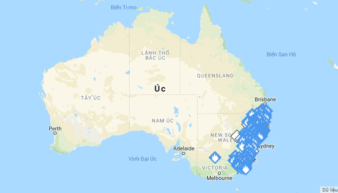 Bản đồ cháy rừng Australia. Khu vực có biểu tượng ngọn lửa tập trung ở bờ biển Đông Nam
