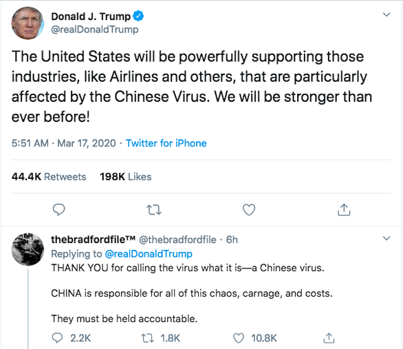 Dòng viết của Tổng thống Mỹ Donald Trump trên Twitter ngày 17-3, trong đó có dùng cụm "Virus Trung Quốc" - Ảnh chụp màn hình