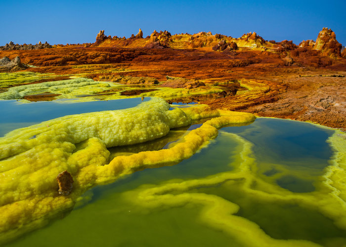 DALLOL, ETHIOPIA - FEBRUARY 26: The colorful volcanic landscape of dallol in the danakil depression, afar region, dallol, Ethiopia on February 26, 2016 in Dallol, Ethiopia.  (Photo by Eric Lafforgue/Art in All of Us/Corbis via Getty Images)