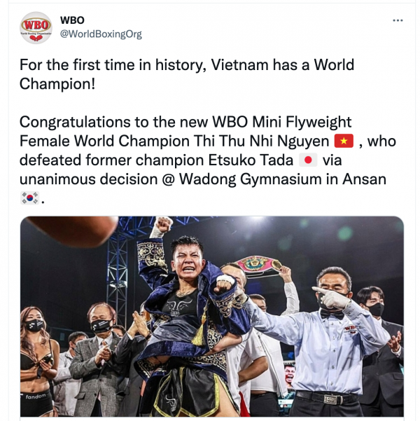 Trang chủ của WBO ca ngợi chiến tích của nữ võ sĩ Nguyễn Thị Thu Nhi khi là nhà vô địch thế giới