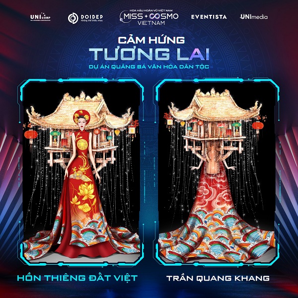 Bộ trang phục “Hồn Thiêng Đất Việt” của NTK Trần Quang Khang được lấy cảm hứng từ Liên Hoa Đài hay còn gọi là Chùa Một Cột